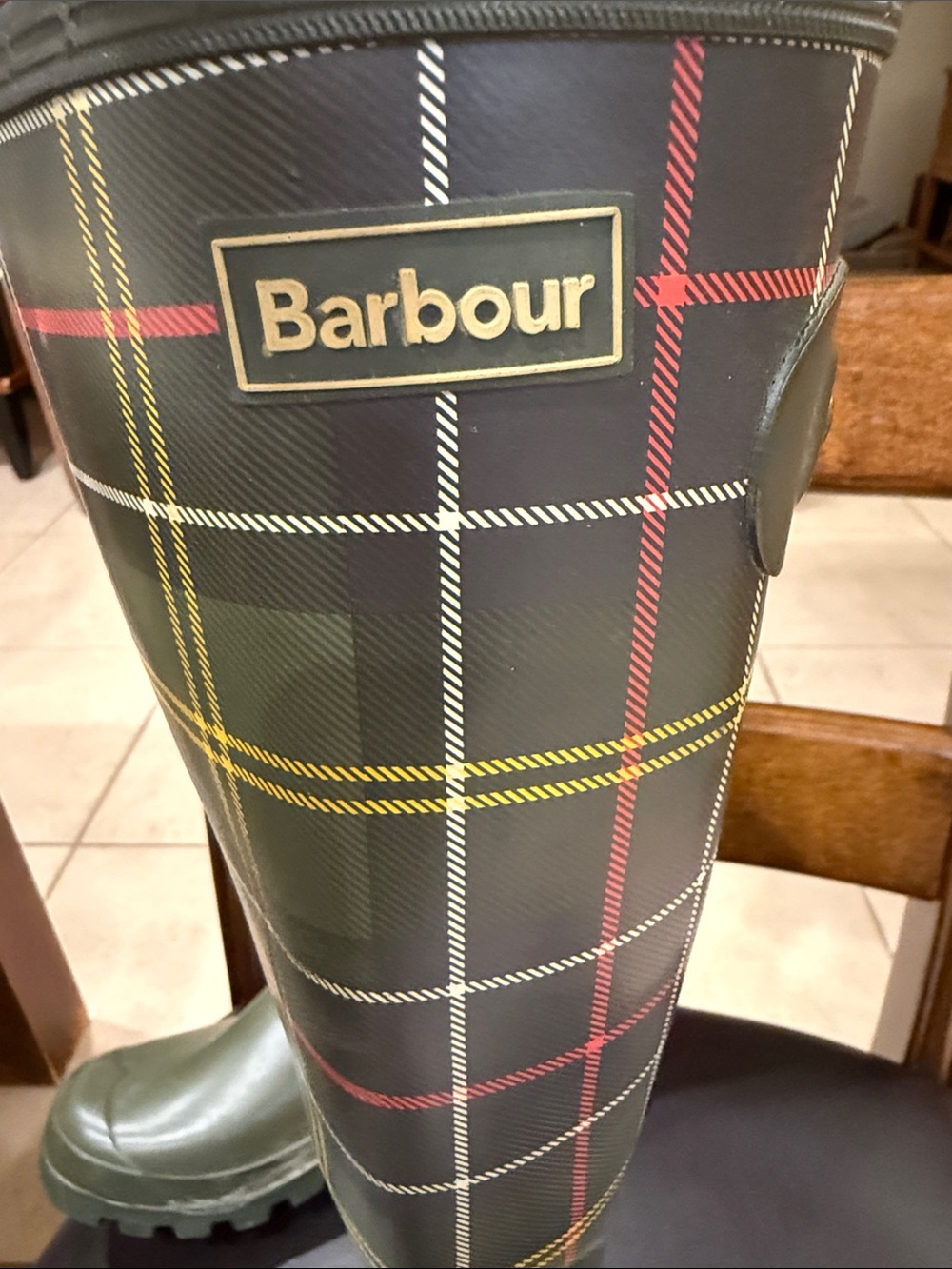 Barbour Olive Green Tartan Tall Rain Boots with Red and Yellow Accents